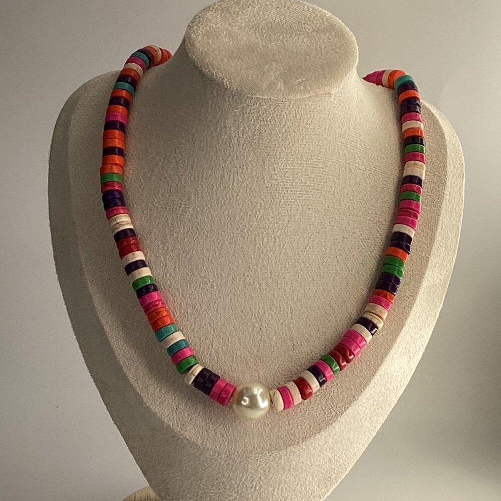 ✨Handmade Colourful Summer Necklace – Heishi Beads & White Pearl Accent ✨